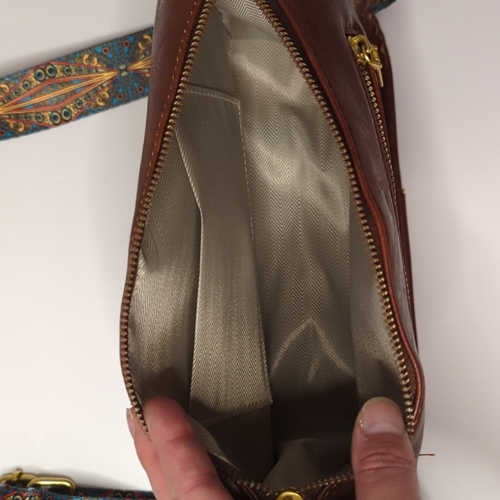 Brown Faux Leather Shoulder Bag with Retro Patterned Strap, Tribal, Aztec,Guitar - Picture 5 of 12
